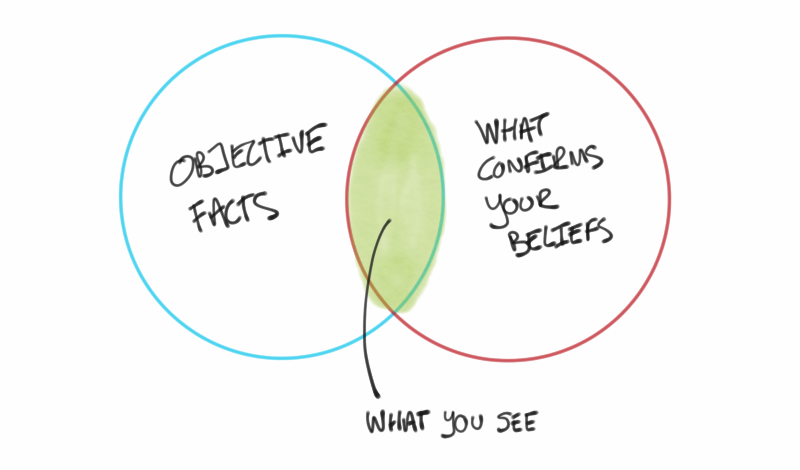 A venn diagram showing 'confirmation bias' circle and how you only see part of the objective facts circle, that confirms you beliefs in the part that overlaps.
